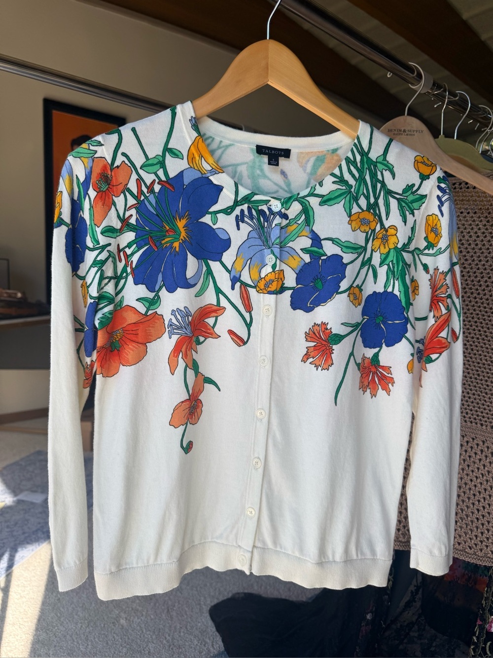 Talbots Cream Cardigan with Blue, Orange, Yellow & Green Floral Print